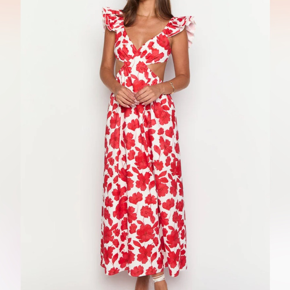Beginning Boutique Kaden Red Anemone Floral Print Maxi Dress